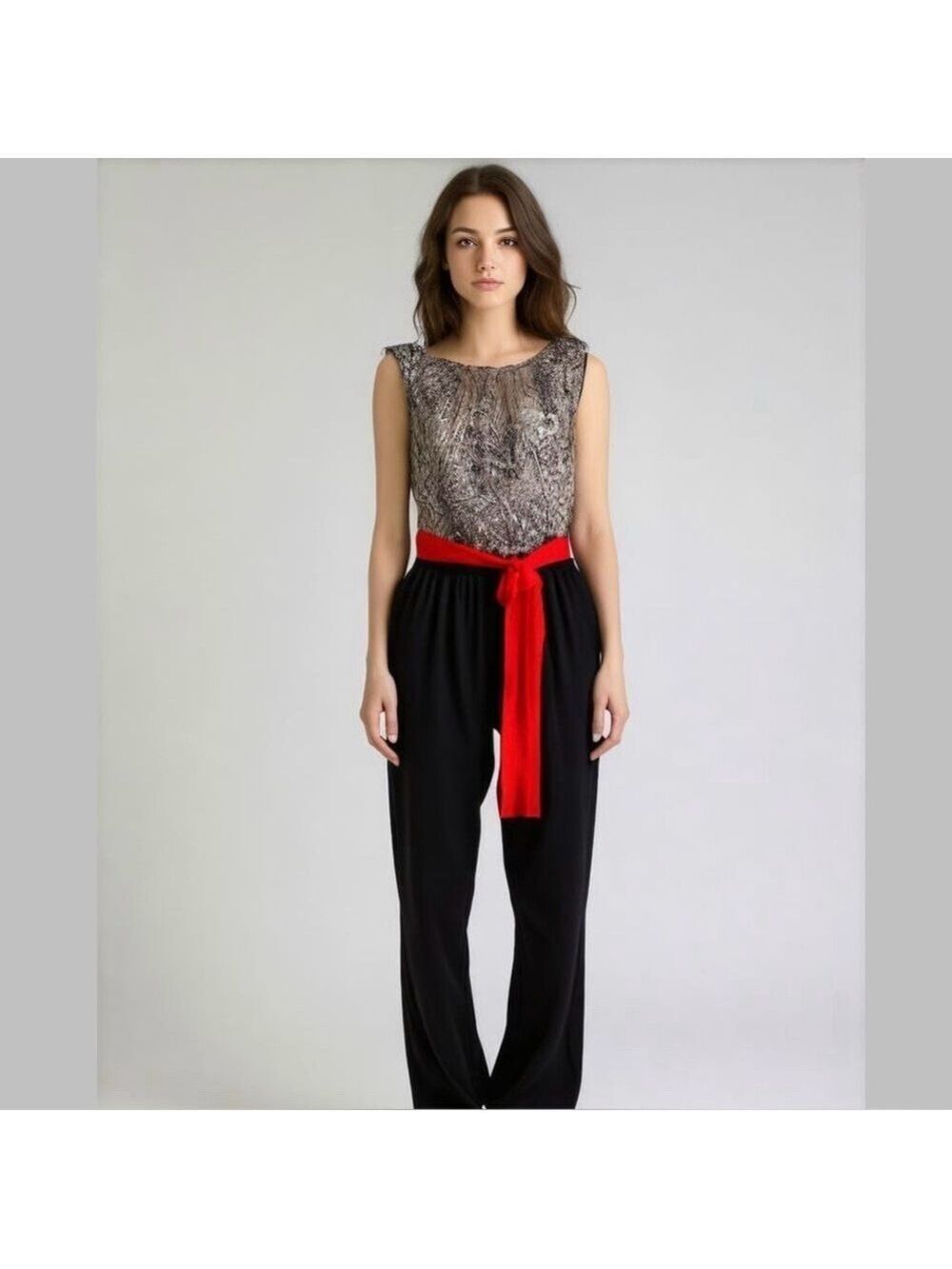 Connected Apparel Size 12 Black/White Jumpsuit With Red Sash